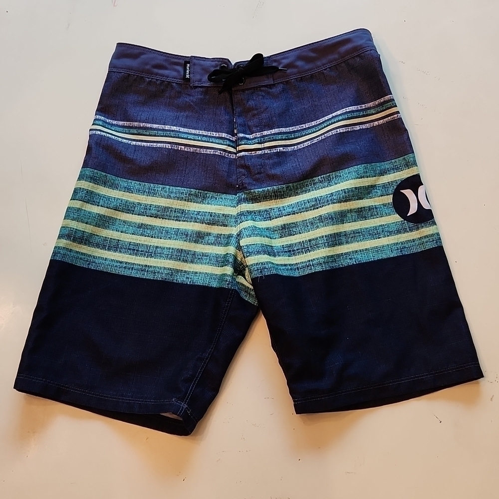 Hurley navy blue green stripe swim trunks boardshorts size 14